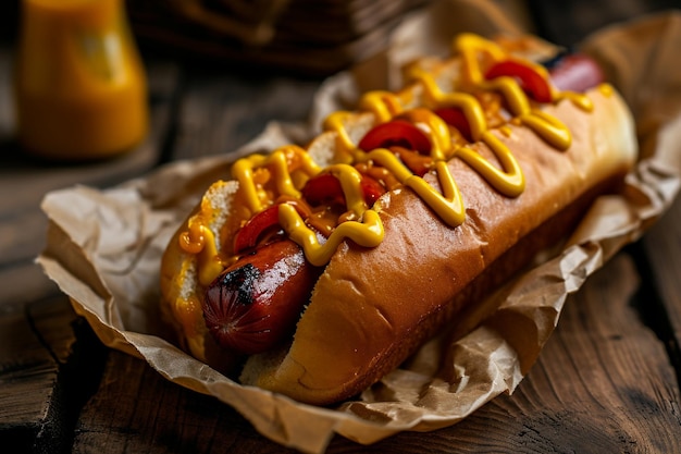 Arreglo de comida con perrito caliente y taza de jugo