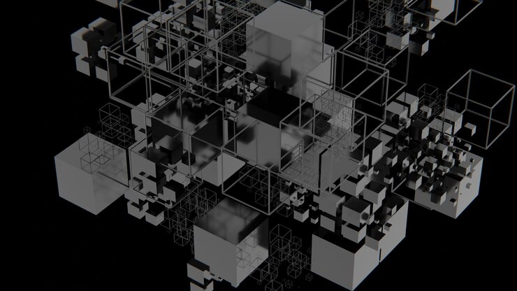 Foto arreglo complejo de marco de alambre negro y cubos de colores que forman una estructura 3d flotante en un fondo negro que crea un diseño minimalista y conceptual futurista