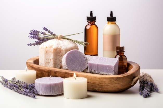 Un arreglo de cosméticos orgánicos que incluyen sales de baño de barras de jabón hechas a mano con bu de lavanda seca