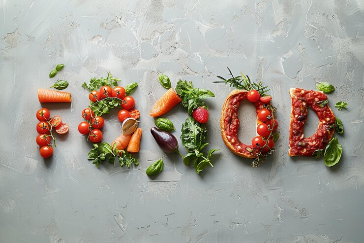 Foto arreglo creativo de los alimentos que se escriben frescos