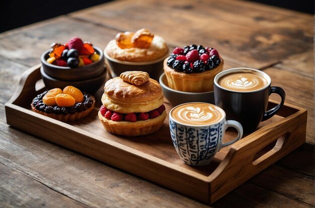 Arreglo creativo de tazas de café en una bandeja de madera con pasteles variados