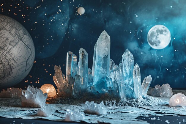 Un arreglo de cristales místicos que forman formas de onda rodeados de mapas celestes y un resplandor