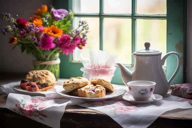Un arreglo de Día de la Madre con té y bollitos frente a una ventana brillante genera ai