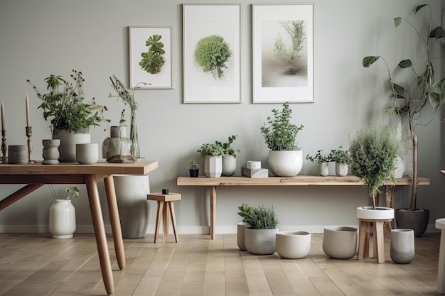 Arreglo elegante y contemporáneo de plantas en varias ollas en una mesa de madera dura con acentos chic plantilla muebles modernos de la sala de estar El esquema de colores del jardín doméstico de eucalipto