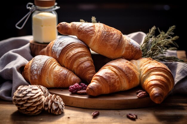 Arreglo elegante de croissants con quesos gourmet y charcuterie en una tabla de madera