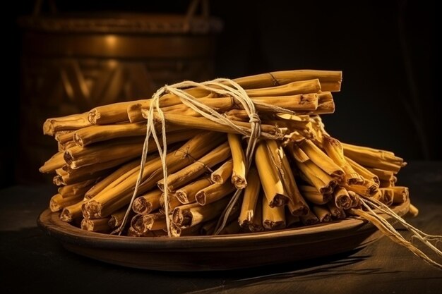 Arreglo elegante de palos de jaggery atados con cuerda para la presentación