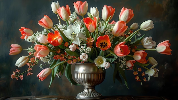 Arreglo elegante de tulipanes en un jarrón clásico naturaleza muerta vibrante con un toque de nostalgia perfecta para decoración y celebraciones ideal para temas de primavera y entusiastas de las flores IA