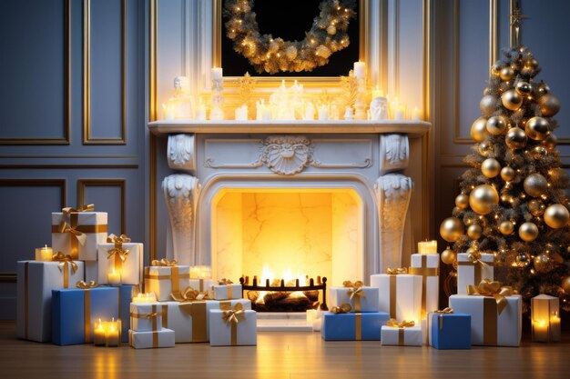 Un arreglo especial de Navidad chimenea velas bolas de oro regalos decorado árbol de Navidad