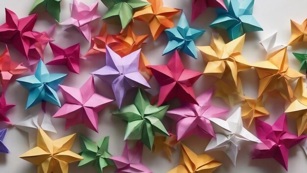 Foto arreglo de estrellas de origami plegadas sobre un fondo blanco