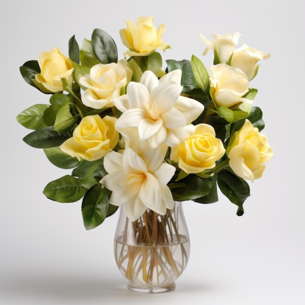 Arreglo exótico de gardenias con rosas amarillas y blancas en un elegante jarrón