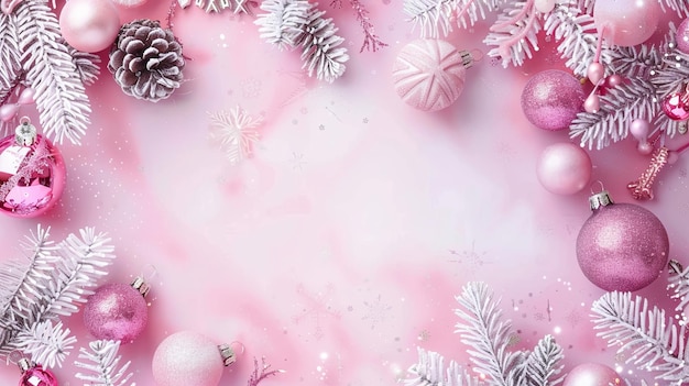 un arreglo festivo de adornos de Navidad rosados y blancos y ramas de pino heladas