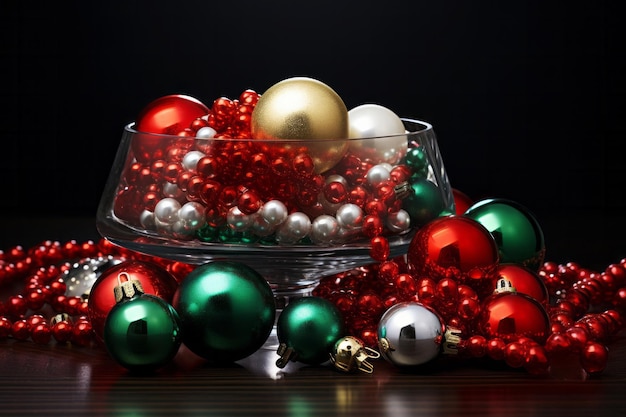 Un arreglo festivo de adornos navideños rojos, verdes, dorados y plateados, decoración navideña feliz