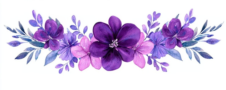 Foto arreglo floral en acuarela con flores púrpuras y hojas verdes