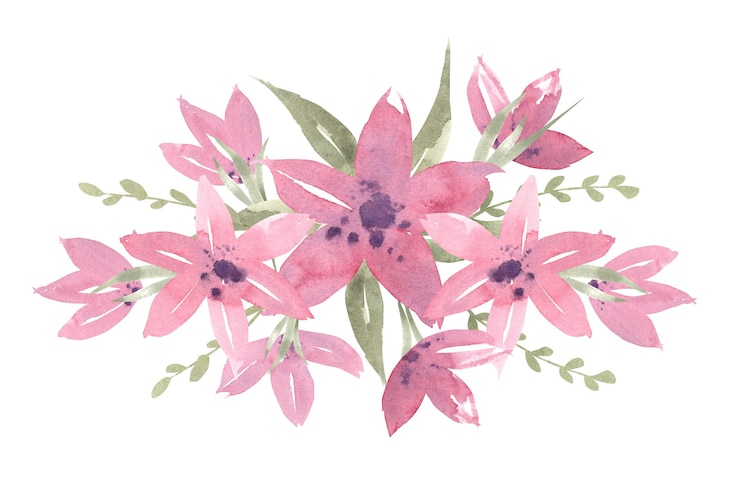 Foto arreglo floral en acuarela con flores rosadas y follaje verde ilustración botánica en acuarel
