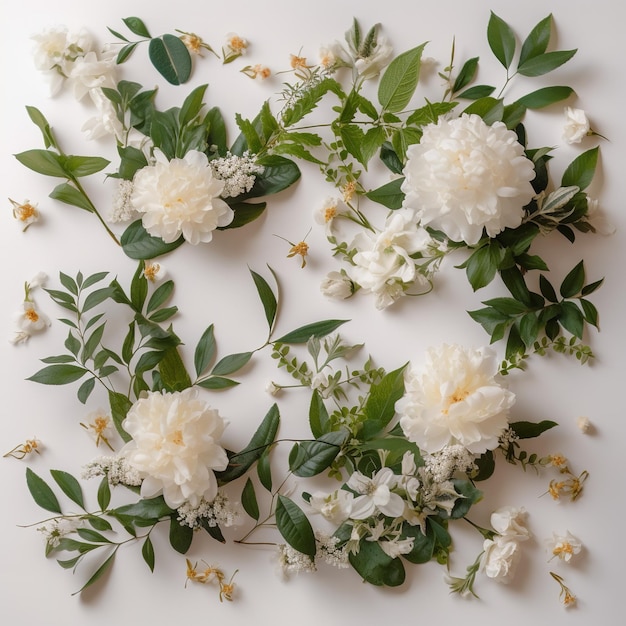 Un arreglo floral blanco con hojas verdes y flores blancas sobre un fondo blanco.