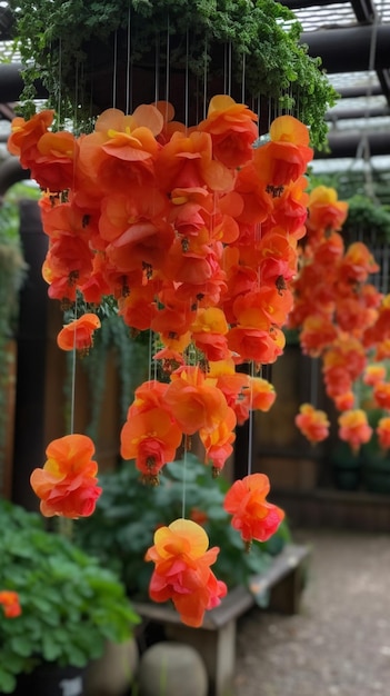 Un arreglo floral colgante con flores naranjas