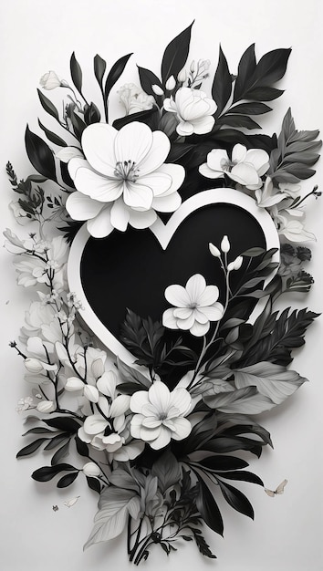 Arreglo floral de corazón de amor Ropa de flores en blanco y negro Ilustración Diseño de tarjeta oscura