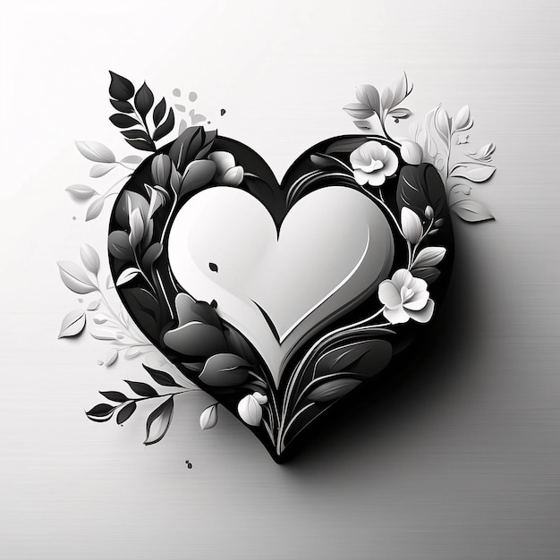 Arreglo floral de corazón de amor Ropa de flores en blanco y negro Ilustración Diseño de tarjeta oscura