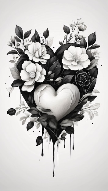 Arreglo floral de corazón de amor Ropa de flores en blanco y negro Ilustración Diseño de tarjeta oscura