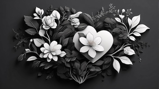 Arreglo floral de corazón de amor Ropa de flores en blanco y negro Ilustración Diseño de tarjeta oscura