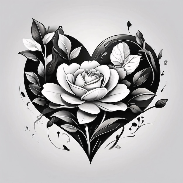 Arreglo floral de corazón de amor Ropa de flores en blanco y negro Ilustración Diseño de tarjeta oscura