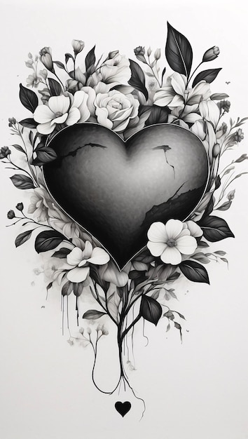 Arreglo floral de corazón de amor Ropa de flores en blanco y negro Ilustración Diseño de tarjeta oscura