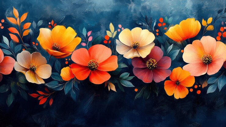 Arreglo floral delicado con flores y follajes de colores vibrantes sobre un fondo de textura oscura
