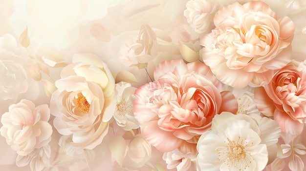 Un arreglo floral con delicados melocotones y rosas blancas sobre un fondo suave