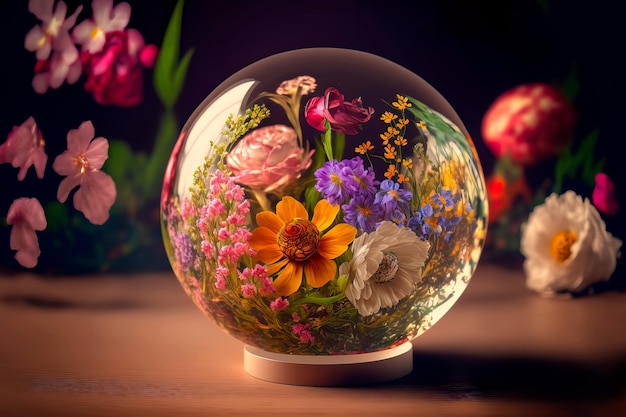 Arreglo floral dentro de una esfera de cristal sobre un fondo floral IA generativa