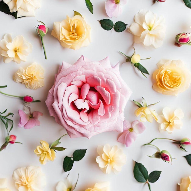 Un arreglo floral con una flor rosa