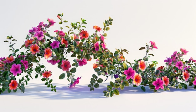un arreglo floral con flores rosadas y púrpuras sobre un fondo blanco