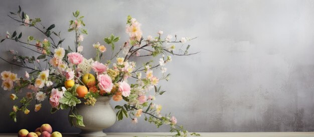 Foto arreglo floral en un interior de primavera sobre un telón de fondo de hormigón