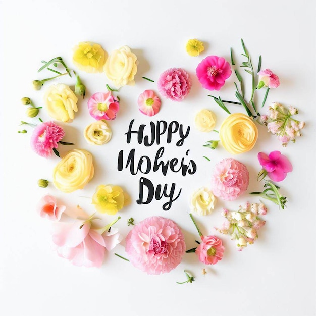 Un arreglo floral con las palabras feliz día de la madre escritas en letras negras.