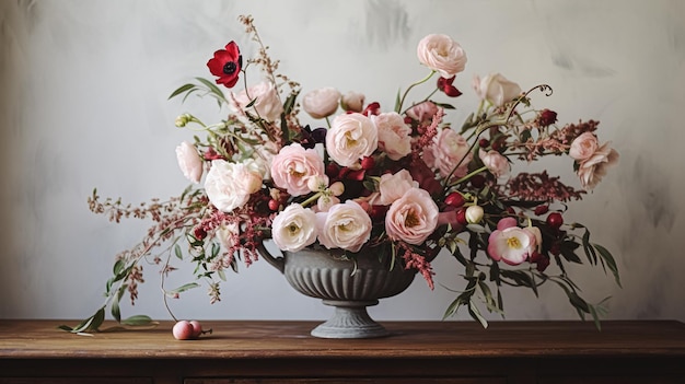 Arreglo floral con plantas y flores botánicas de invierno, otoño o principios de primavera