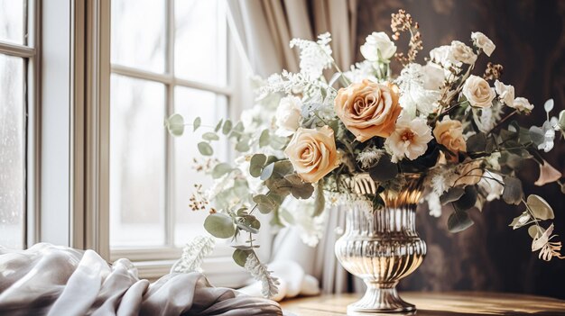 Arreglo floral con plantas y flores botánicas de invierno, otoño o principios de primavera