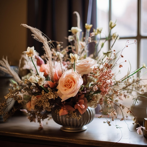 Arreglo floral con plantas y flores botánicas de invierno, otoño o principios de primavera