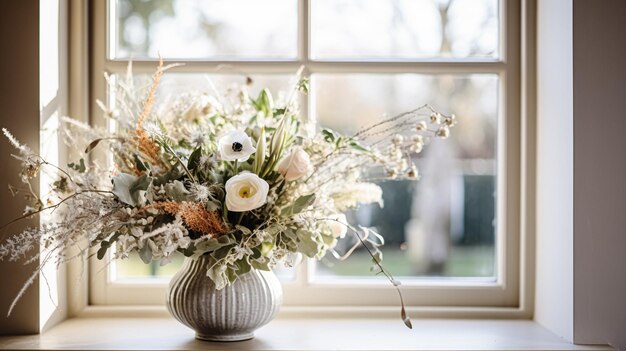 Arreglo floral con plantas y flores botánicas de invierno, otoño o principios de primavera