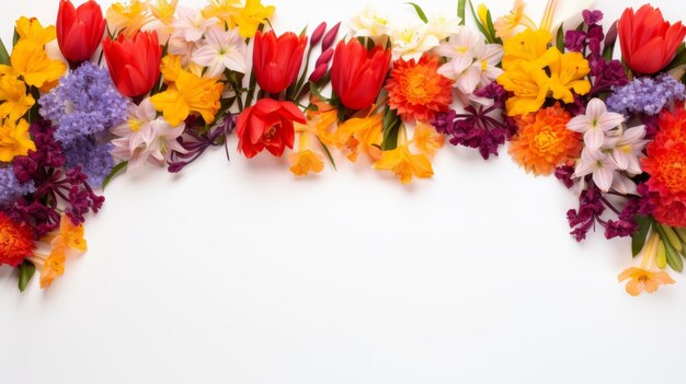 Foto arreglo floral de primavera con tulipanes narcisos y azaleas sobre un fondo blanco