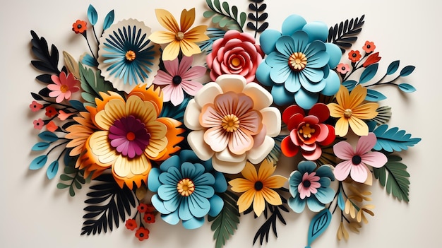 Arreglo floral un ramo de productos de papel flores de papel multicolores brillantes telón de fondo de Pascua