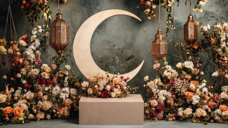 Arreglo floral romántico con luna creciente y linternas telón de fondo elegante para bodas o eventos