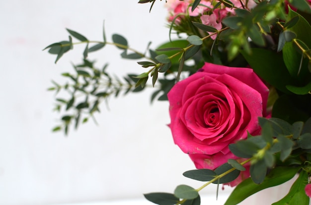 Arreglo floral de la rosa del rosa en el fondo blanco