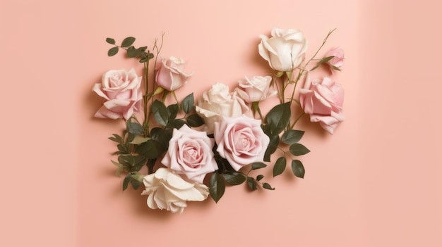 Un arreglo floral rosa con rosas blancas y rosadas sobre un fondo de melocotón