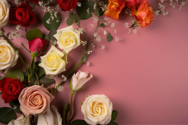 Arreglo floral de rosas Espacio de copia Flat Lay generar ai