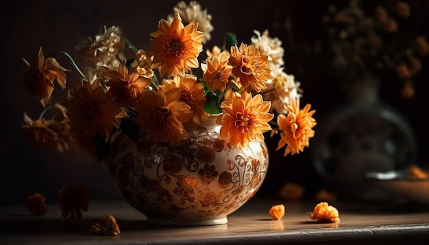 Arreglo floral rústico en una mesa de madera en el interior generado por IA