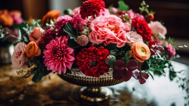 Un arreglo floral en una urna de oro descansa sobre una mesa de mármol.