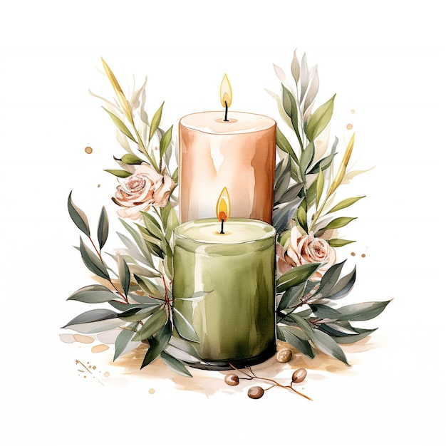 Arreglo floral de velas aromáticas en acuarela