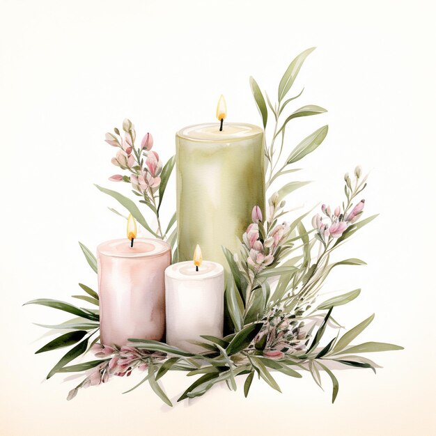 Arreglo floral de velas aromáticas en acuarela