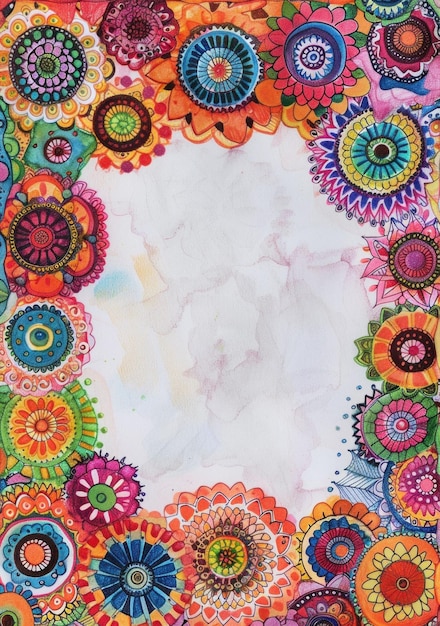 Arreglo floral vibrante y colorido sobre fondo blanco con espacio vacío en la pintura central