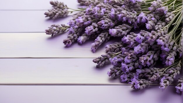 Foto arreglo de flores de lavanda sobre un fondo de madera clara con espacio de copia