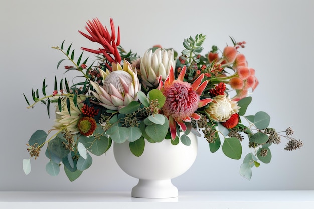 Arreglo de flores nativas de Australia en un jarrón blanco en la mesa